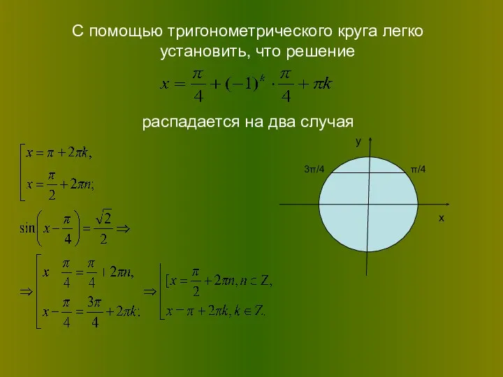 С помощью тригонометрического круга легко установить, что решение распадается на два случая х у π/4 3π/4
