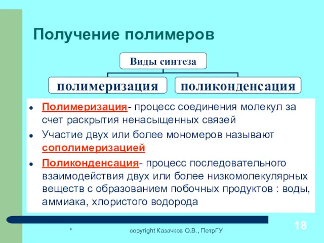 * copyright Казачков О.В., ПетрГУ Получение полимеров Полимеризация- процесс соединения