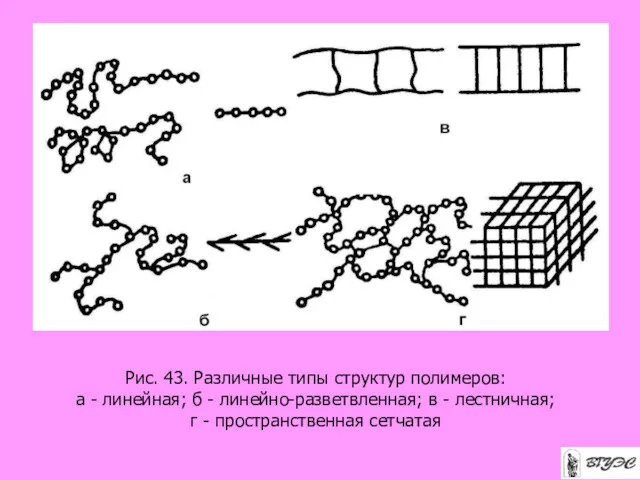 Рис. 43. Различные типы структур полимеров: а - линейная; б
