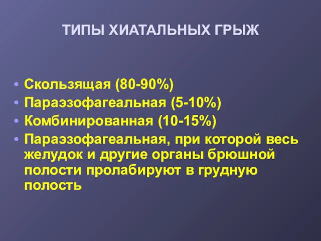 ТИПЫ ХИАТАЛЬНЫХ ГРЫЖ Скользящая (80-90%) Параэзофагеальная (5-10%) Комбинированная (10-15%) Параэзофагеальная,