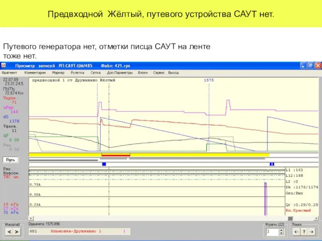 Предвходной Жёлтый, путевого устройства САУТ нет. Путевого генератора нет, отметки писца САУТ на ленте тоже нет.