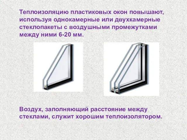 Теплоизоляцию пластиковых окон повышают, используя однокамерные или двухкамерные стеклопакеты с