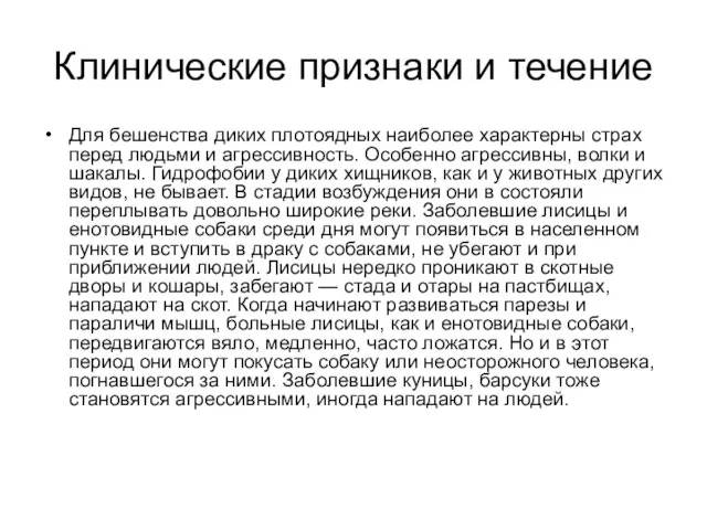 Клинические признаки и течение Для бешенства диких плотоядных наиболее характерны страх перед людьми