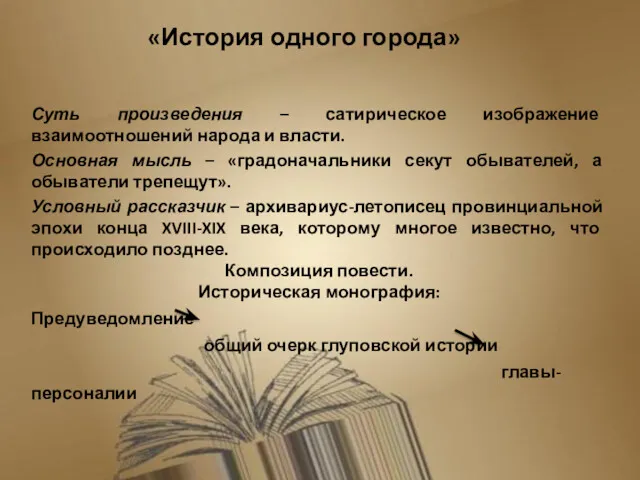 «История одного города» Суть произведения – сатирическое изображение взаимоотношений народа