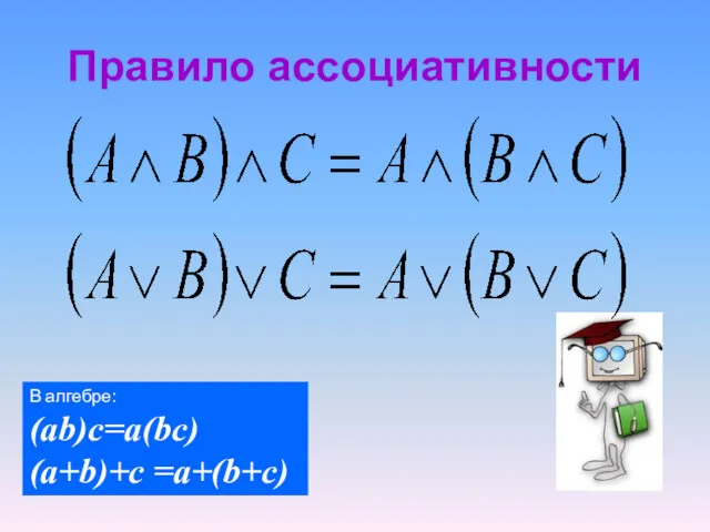 Правило ассоциативности В алгебре: (ab)c=a(bc) (a+b)+c =a+(b+c)
