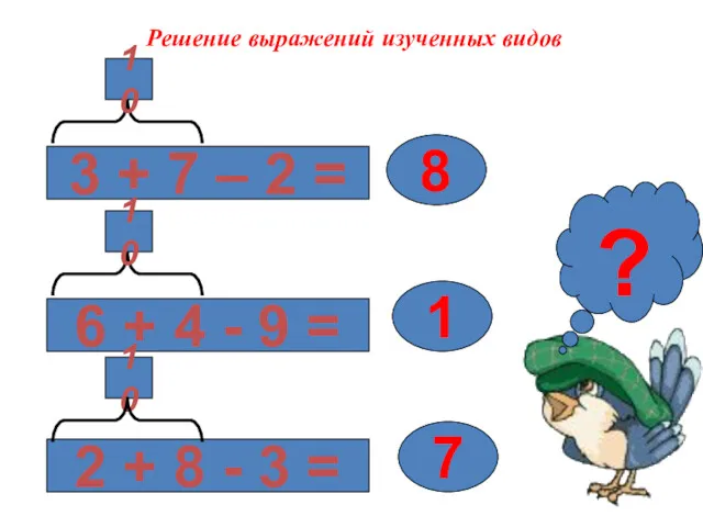 Решение выражений изученных видов 3 + 7 – 2 =