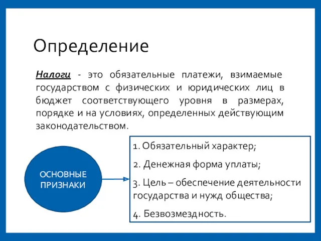 Определение Налоги - это обязательные платежи, взимаемые государством с физических