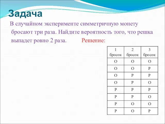 Задача В случайном эксперименте симметричную монету бросают три раза. Найдите