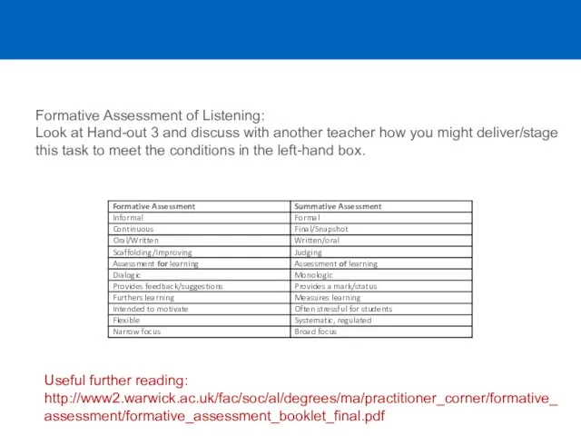 Useful further reading: http://www2.warwick.ac.uk/fac/soc/al/degrees/ma/practitioner_corner/formative_assessment/formative_assessment_booklet_final.pdf Formative Assessment of Listening: Look at