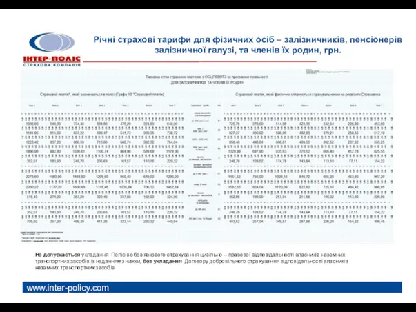 www.inter-policy.com Річні страхові тарифи для фізичних осіб – залізничників, пенсіонерів