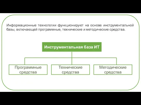 Информационные технологии функционируют на основе инструментальной базы, включающей программные, технические и методические средства.