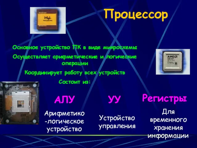 Процессор Основное устройство ПК в виде микросхемы Осуществляет арифметические и