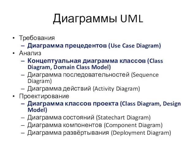 Диаграммы UML Требования Диаграмма прецедентов (Use Case Diagram) Анализ Концептуальная