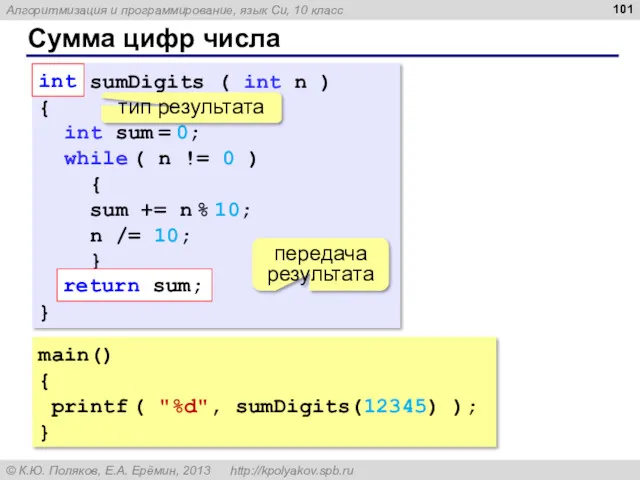 Сумма цифр числа main() { printf ( "%d", sumDigits(12345) );