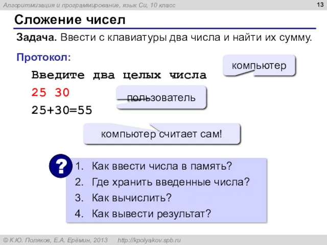 Сложение чисел Задача. Ввести с клавиатуры два числа и найти