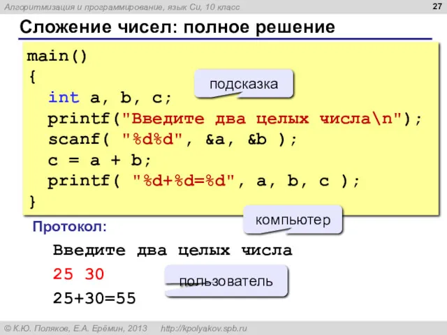 Сложение чисел: полное решение main() { int a, b, c;