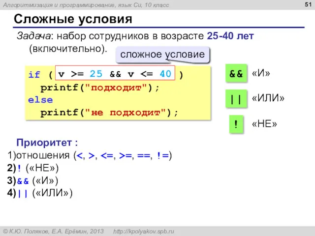 Сложные условия Задача: набор сотрудников в возрасте 25-40 лет (включительно).