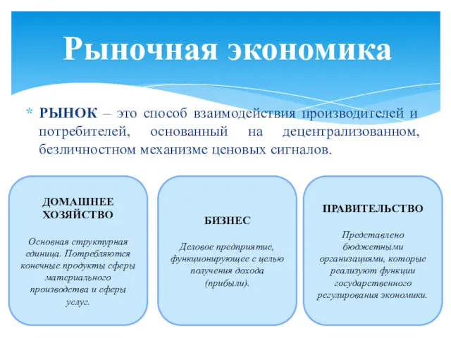 РЫНОК – это способ взаимодействия производителей и потребителей, основанный на