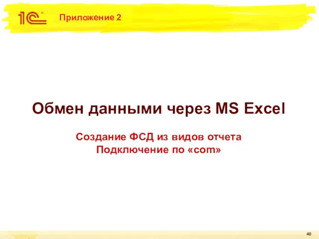 Приложение 2 Обмен данными через MS Excel Создание ФСД из видов отчета Подключение по «com»