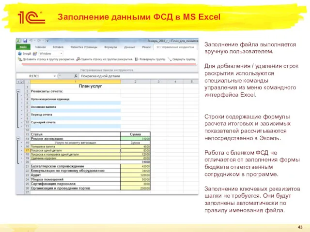 Заполнение данными ФСД в MS Excel Заполнение файла выполняется вручную