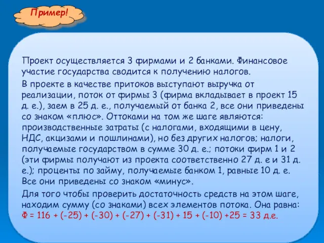 Пример! Проект осуществляется 3 фирмами и 2 банками. Финансовое участие государства сводится к