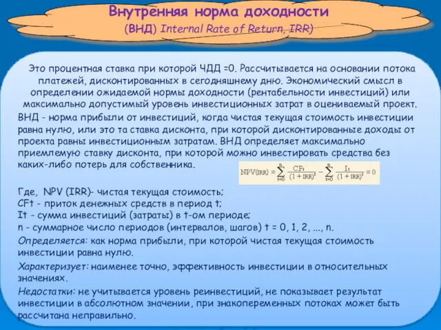 Внутренняя норма доходности (ВНД) Internal Rate of Return, IRR) Это процентная ставка при