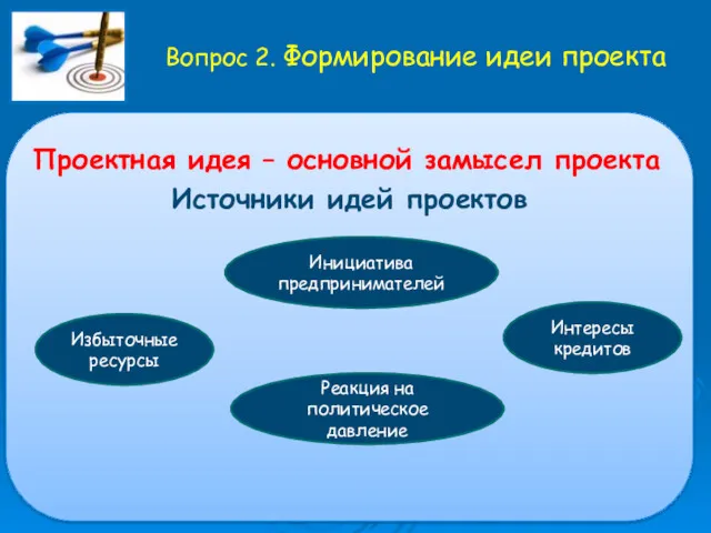 Вопрос 2. Формирование идеи проекта Проектная идея – основной замысел проекта Источники идей