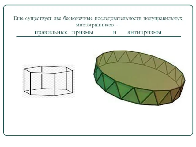 Еще существует две бесконечные последовательности полуправильных многогранников – правильные призмы и антипризмы