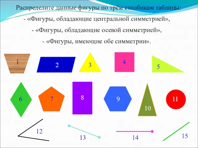 Распределите данные фигуры по трём столбикам таблицы: «Фигуры, обладающие центральной
