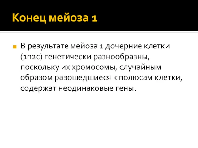 Конец мейоза 1 В результате мейоза 1 дочерние клетки (1n2c)