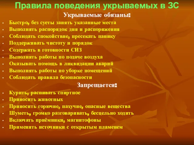 Правила поведения укрываемых в ЗС Укрываемые обязаны: Быстро, без суеты