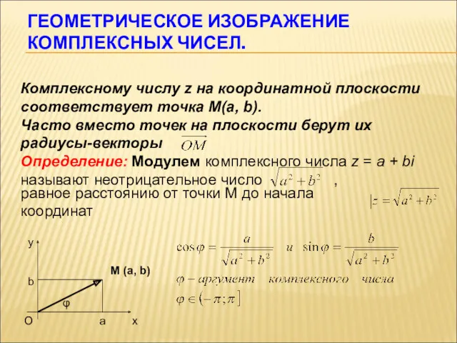 ГЕОМЕТРИЧЕСКОЕ ИЗОБРАЖЕНИЕ КОМПЛЕКСНЫХ ЧИСЕЛ. Комплексному числу z на координатной плоскости