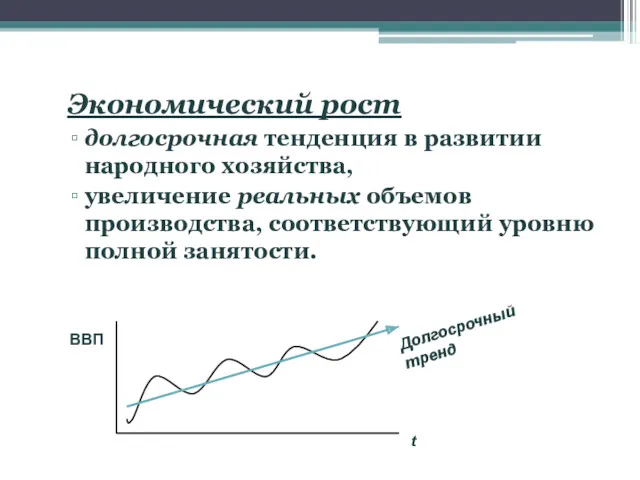 Экономический рост долгосрочная тенденция в развитии народного хозяйства, увеличение реальных объемов производства, соответствующий уровню полной занятости.