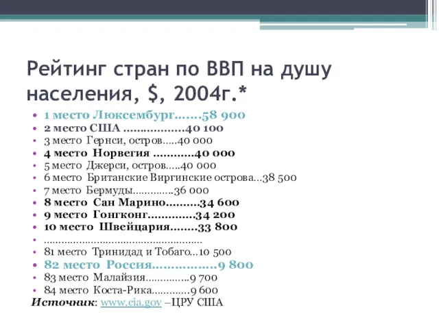 Рейтинг стран по ВВП на душу населения, $, 2004г.* 1