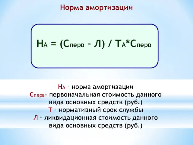 Норма амортизации НА – норма амортизации Сперв- первоначальная стоимость данного