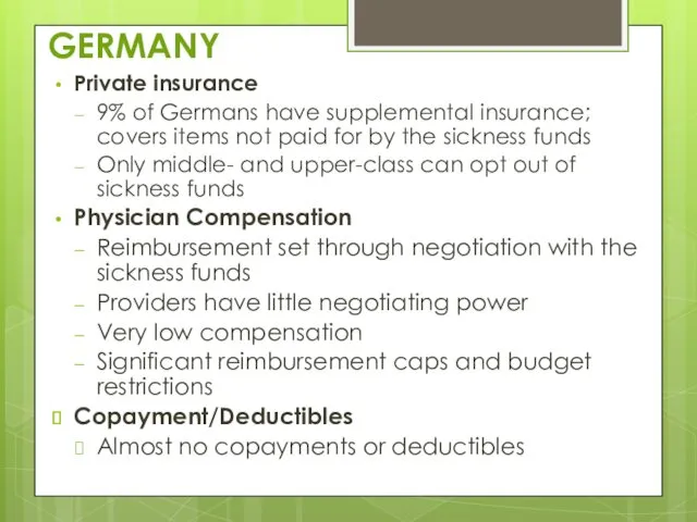 GERMANY Private insurance 9% of Germans have supplemental insurance; covers