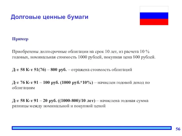 Долговые ценные бумаги Пример Приобретены долгосрочные облигации на срок 10 лет, из расчета