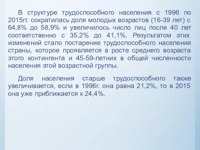 В структуре трудоспособного населения с 1996 по 2015гг. сократилась доля