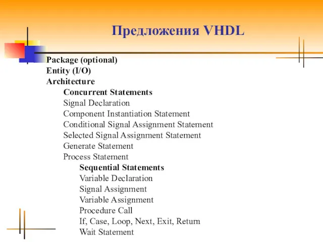 Предложения VHDL Package (optional) Entity (I/O) Architecture Concurrent Statements Signal