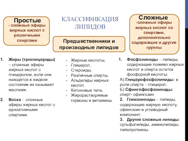 КЛАССИФИКАЦИЯ ЛИПИДОВ Предшественники и производные липидов Простые Сложные Жиры (триглицериды) – сложные эфиры