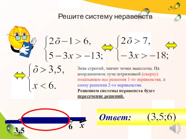 6 3,5 х Решите систему неравенств Знак строгий, значит точки