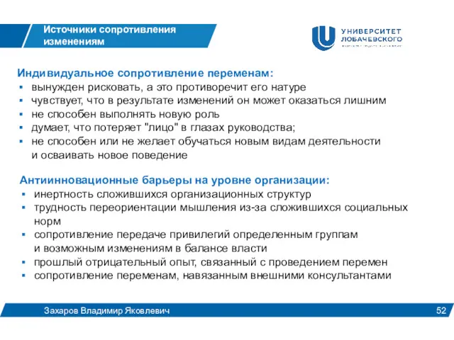 Источники сопротивления изменениям Захаров Владимир Яковлевич Индивидуальное сопротивление переменам: вынужден