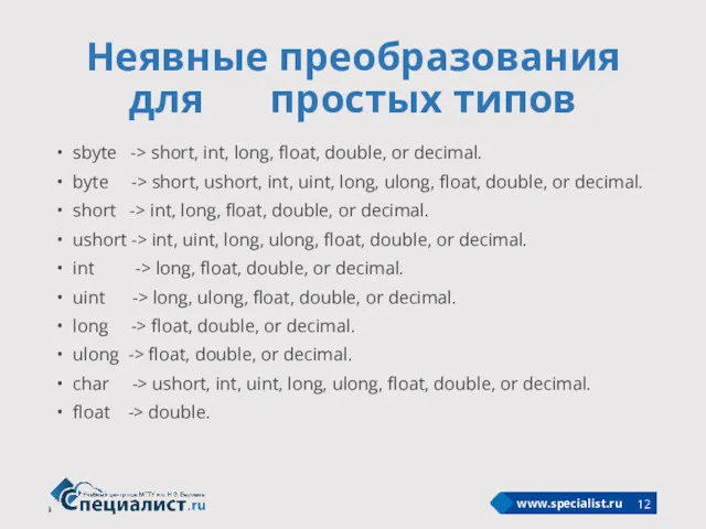 Неявные преобразования для простых типов sbyte -> short, int, long,