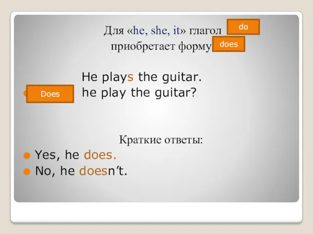 Для «he, she, it» глагол приобретает форму He plays the guitar. he play