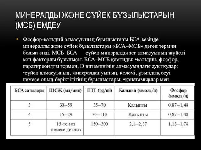 МИНЕРАЛДЫ ЖӘНЕ СҮЙЕК БҰЗЫЛЫСТАРЫН (МСБ) ЕМДЕУ Фосфор-кальций алмасуының бұзылыстары БСА