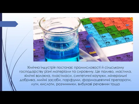 Хімічна індустрія постачає промисловості й сільському господарству різні матеріали та