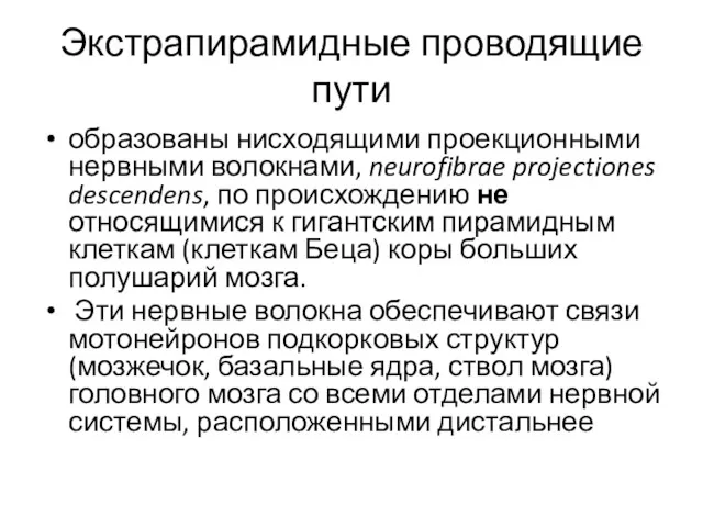 Экстрапирамидные проводящие пути образованы нисходящими проекционными нервными волокнами, neurofibrae projectiones