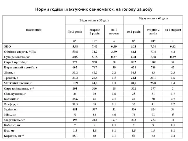 Норми годівлі лактуючих свиноматок, на голову за добу