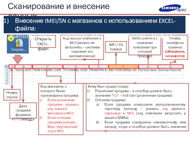 Открыть EXCEL-файл Сканирование и внесение данных Дата продажи формата «ГГГГММДД»