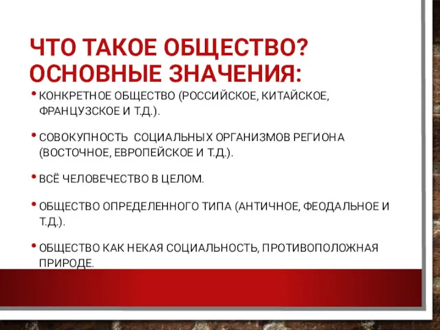 ЧТО ТАКОЕ ОБЩЕСТВО? ОСНОВНЫЕ ЗНАЧЕНИЯ: КОНКРЕТНОЕ ОБЩЕСТВО (РОССИЙСКОЕ, КИТАЙСКОЕ, ФРАНЦУЗСКОЕ